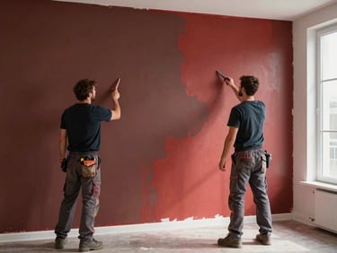 Diverse male tradesman painting a freshly prepped room with natural window light, medium shot, high-contrast editorial photography, deep earth tones with crimson accents, sharp focus, 35mm lens