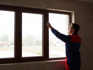 Young white male tradesman installing a new window in a renovated space, wide environmental shot, natural window light, high-contrast editorial photography, deep earth tones with crimson accents, sharp focus, 35mm lens