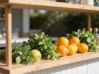 Close-up of a stylish wooden mobile bar setup at a sunlit outdoor venue, fresh herbs and citrus fruits arranged neatly on the counter, bright daylight