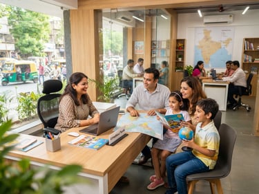 Bright editorial travel photography, natural daylight, a modern travel office in Ahmedabad with professional staff assisting a family, clean organized desks, vibrant clean tones.