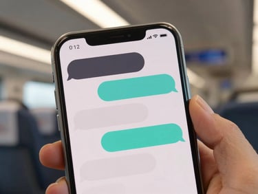 Close-up of an Android phone screen showing a communication app with clean message bubbles in charcoal and teal on an off-white background, held in a hand on a commuter train, bright ambient light