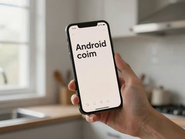 Hand holding an Android phone in a bright kitchen, screen showing a clean utility app with warm neutral tones and large readable type, natural window light from the left