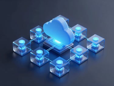 Clean isometric schematic diagram of a secure cloud infrastructure, glowing electric-indigo nodes, 3D glassmorphic boxes, dark obsidian background