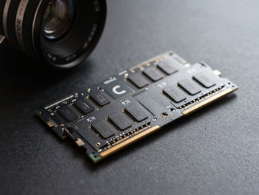 Close-up of DDR5 RAM modules and an NVMe SSD on a flat dark surface under controlled north-facing studio light, high-contrast shadows, SKU label visible on module