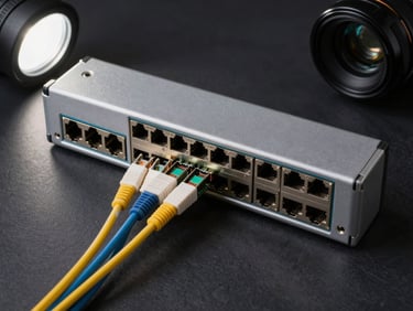 Overhead flat-lay of network switch ports and fiber SFP modules on dark matte surface under studio strobes, high contrast, cable connectors clearly defined
