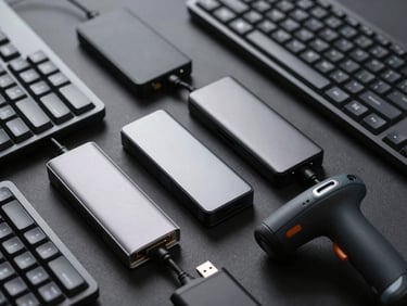 Close-up of keyboards, a barcode scanner, and USB hubs arranged in a precise flat-lay on dark surface under studio strobe lighting, high contrast, clean geometric arrangement