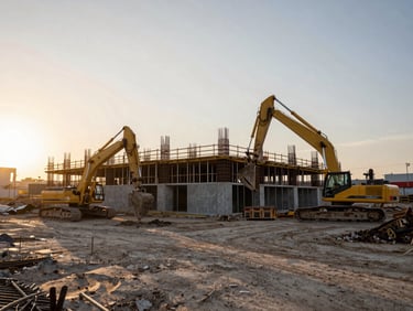 Wide-angle architectural photograph of an active construction excavation site, heavy machinery, golden hour sunlight, structural steel reinforcement.