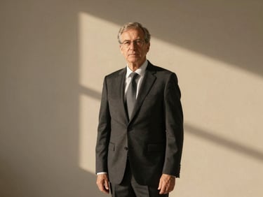 Professional studio portrait of a senior male executive in a dark suit, warm neutral background, clean lighting, corporate editorial style