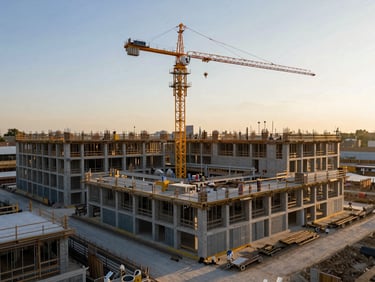 Expansive environmental shot of an active, highly organized construction site with crane and structural framework