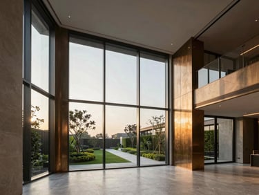 Premium architectural photograph of a modern penthouse interior, double-height glass walls looking out over landscaped green corridors, warm evening light, minimal bronze accents.
