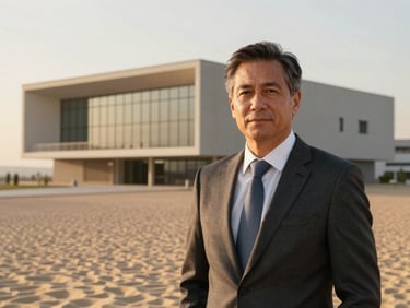 Professional corporate portrait of a middle-aged male engineer in executive attire, warm sand background, crisp lighting