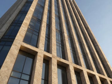 Dramatic low-angle architectural photography of a modern concrete and glass tower facade in New Cairo, captured at golden hour with long sharp shadows, ultra-clean design, premium 8k resolution.