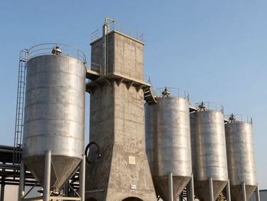 Industrial architectural detail of a clean, modern concrete batching plant, steel silos, blue sky background, precise engineering.