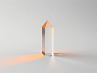 Minimalist studio photography, crisp high-key lighting, soft orange glowing accents, a clean white backdrop, sharp focus, 50mm lens. A single pristine glass prism refracting a sharp orange light beam on a matte white surface.
