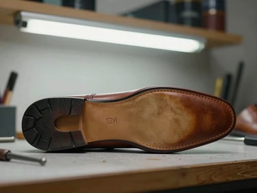 Close-up of a leather dress shoe sole and heel on a workbench, repair tools visible at the edge, fluorescent workshop light