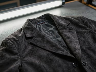 Close-up of a dark suede jacket collar and lapel laid flat on a workbench, workshop fluorescent light, texture clearly visible