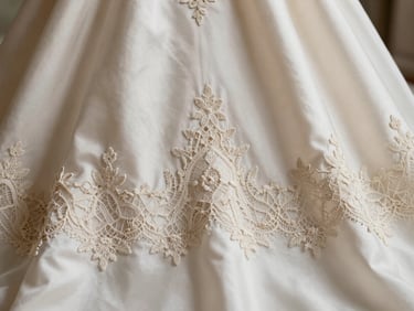 Close-up overhead flat-lay of a silk wedding dress fabric, ivory lace detail visible, natural daylight, no shadows