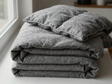 Overhead flat-lay of folded heavy wool blankets and a duvet on a clean counter surface, natural window light from the left