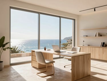 Oficina moderna y luminosa en Mallorca, escritorio de madera clara, silla de diseño, grandes ventanales con vistas al mar, luz natural suave, estilo mediterráneo editorial, 35mm