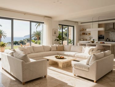 Interior de una villa de lujo en Mallorca, sala de estar amplia y luminosa con muebles claros, suelos de mármol pulido, luz natural cálida, estilo mediterráneo editorial, 35mm