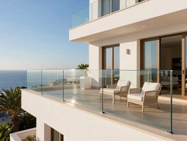 Wide shot of a sparkling clean glass balcony railing in a luxury Mallorcan villa, reflecting the clear blue Mediterranean sky, pristine outdoor furniture, warm Mediterranean daylight, soft shadows, high-end residential aesthetic, 35mm.