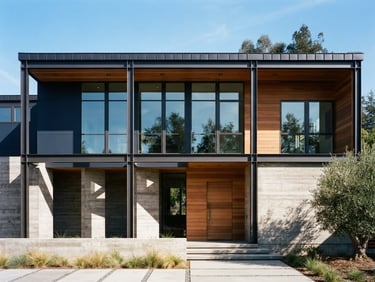 Straight-on architectural elevation of a modern steel and concrete residence, harsh direct sunlight, deep shadows, sharp focus, 35mm