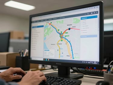 Close-up of a logistics dispatch screen showing route maps and delivery status data, fluorescent office lighting, a hand resting near a keyboard mid-entry, environment of a busy Tanzanian freight operation