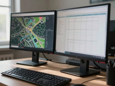 Close-up wide shot of two monitors on a desk showing a GIS mapping interface and a data dashboard with tabular figures, daylight entering from a window to the left casting soft shadows across the keyboard and desk surface, no person visible — only the active screen output and workspace equipment