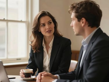 Warm editorial portrait of two corporate consultants in a collaborative discussion, soft window light casting gentle shadows, rich espresso and cream tones, 35mm photography.