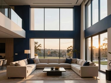 Sun-drenched interior of a modern luxury home in Davenport, showing a minimalist living room with high ceilings and large windows, luxury editorial photography, warm golden-hour window light, deep navy and champagne tones, architectural focus, 35mm