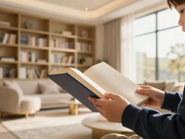 Close-up of a child's hand holding a book, with a blurred background of a sunlit, modern study or library in a luxury home. Emphasizes family and continuity, with warm, soft lighting.