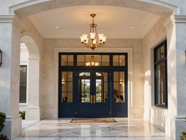 Architectural detail of a grand entrance hall in a luxury Central Florida estate, showcasing high ceilings, polished marble floors, and a sophisticated chandelier. The scene is pristine and well-managed.