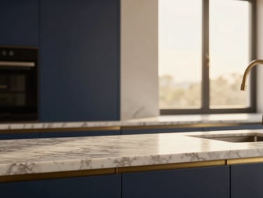 Close-up of luxury materials: marble countertop with subtle brass accents in a modern kitchen, bathed in soft window light, luxury editorial photography, warm golden-hour window light, deep navy and champagne tones, architectural focus, 35mm