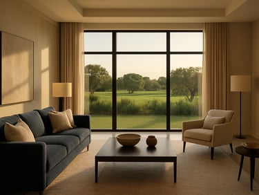 Elegant interior shot of a modern, spacious living room in a Central Florida luxury home, featuring natural light, clean lines, and a subtle view of a green landscape. Focus on comfort and sophisticated design.
