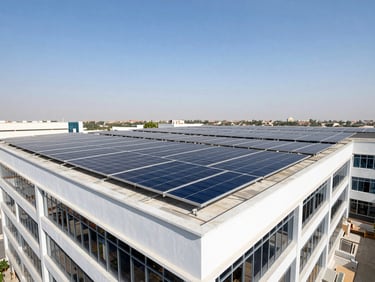 Wide architectural angle of a commercial corporate plaza rooftop in Blue Area Islamabad, large-scale clean solar panel installation, bright direct sunlight, professional dslr.