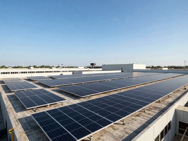 Industrial manufacturing facility rooftop in Kahuta Industrial Triangle, massive uniform solar panel array, high-contrast afternoon sunlight, professional dslr.