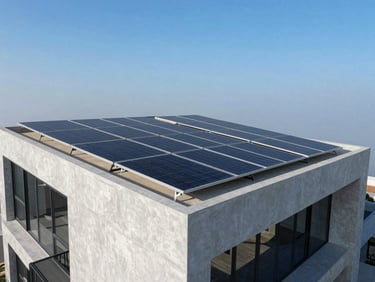 Sharp architectural drone photography of a modern luxury villa in Sector F-7 Islamabad, clean monocrystalline solar panel array integrated onto flat concrete roof, bright afternoon sun, crisp blue sky.