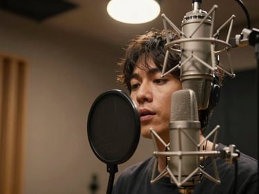 Close-up of a vocalist leaning into a large-diaphragm microphone in a vocal booth, warm tungsten light from above, no eye contact with camera, raw performance moment