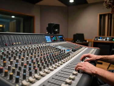 Wide environmental shot of a recording studio interior — a musician's hands resting on a mixing console in the foreground, banks of analog gear receding into the background, tungsten overhead light casting hard shadows, no posed subject, access-documentation framing