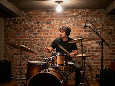 Wide shot of a drummer mid-performance in a low-ceiling rehearsal space, single overhead bulb, motion blur on the sticks, brick wall behind, no staging