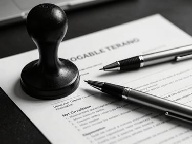 Extreme close-up of a regulatory document on a dark desk, cool studio light catching the edge of a certification stamp, a precise mechanical pen resting beside the paper, shallow depth of field, high contrast monochrome tones
