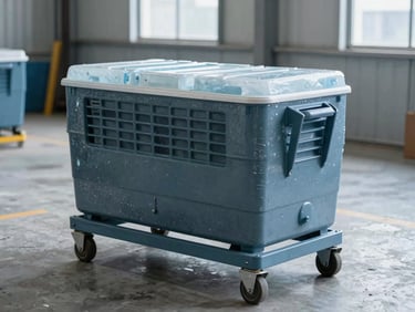 Crisp industrial photography of a mobile cooling unit in a spacious metal workshop, cool natural daylight, slate and ice-blue tones, sharp focus.
