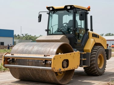 Close-up of a modern heavy hydraulic excavator bucket resting on dark soil, sharp steel teeth, high-contrast industrial textures, daylight.