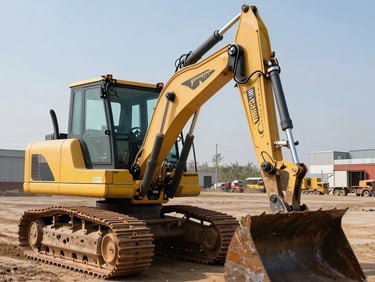 Close-up of a modern heavy hydraulic excavator bucket resting on dark soil, sharp steel teeth, high-contrast industrial textures, daylight.