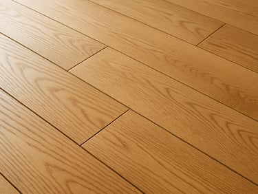 Close-up of a meticulously installed warm oak hardwood floor, showing tight seams and natural grain, bright natural window light, clean architectural photography, sharp detail, 35mm lens
