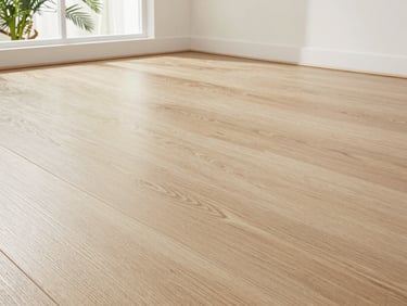 Close-up of luxury vinyl plank flooring with realistic wood texture, seamless installation, bright natural Florida daylight, low-angle floor-level shot.