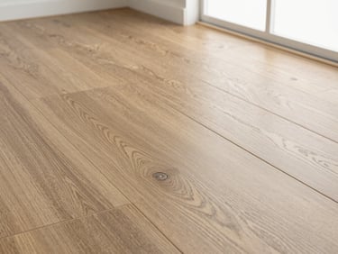 Close-up of a high-quality luxury vinyl plank (LVP) floor, showcasing realistic wood texture and tight interlocking seams, bright natural window light, clean architectural photography, sharp detail, 35mm lens