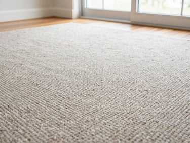 Close-up of commercial-grade loop pile carpet texture, tight weave, clean installation, bright natural Florida daylight, low-angle floor-level shot.