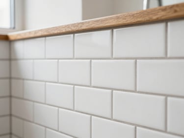 Close-up of clean, perfectly aligned white subway tile with dark grout lines, bright natural window light, clean architectural photography, sharp detail, 35mm lens