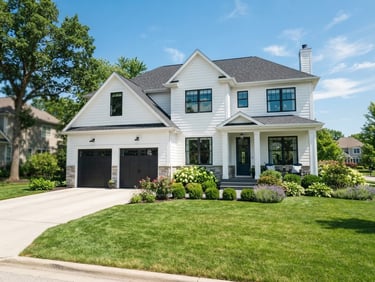 A beautiful wide-angle shot of a pristine two-story suburban home with clean white siding and a spotless dark gray roof, bright midday sunlight, high-contrast, 35mm